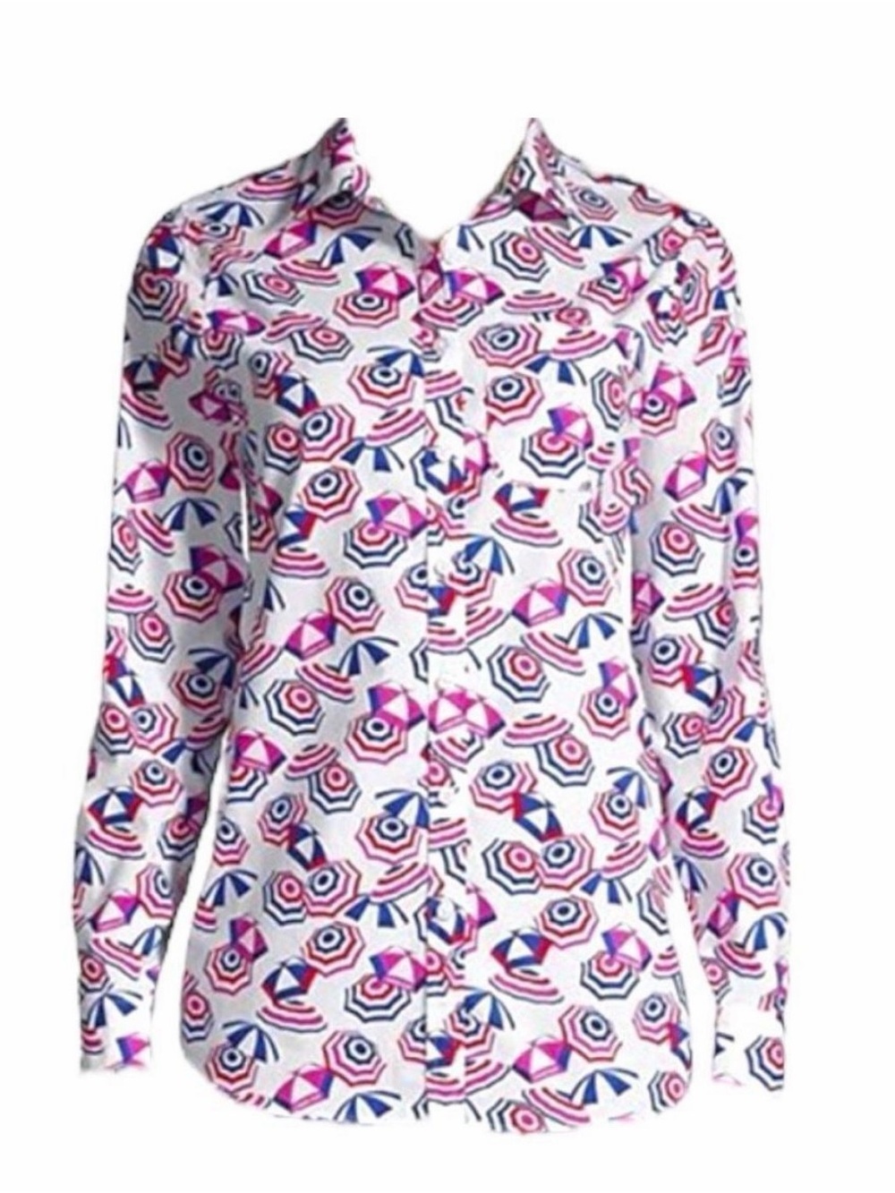 Lands' End White Button-Up Shirt with Pink & Blue Umbrella Print
